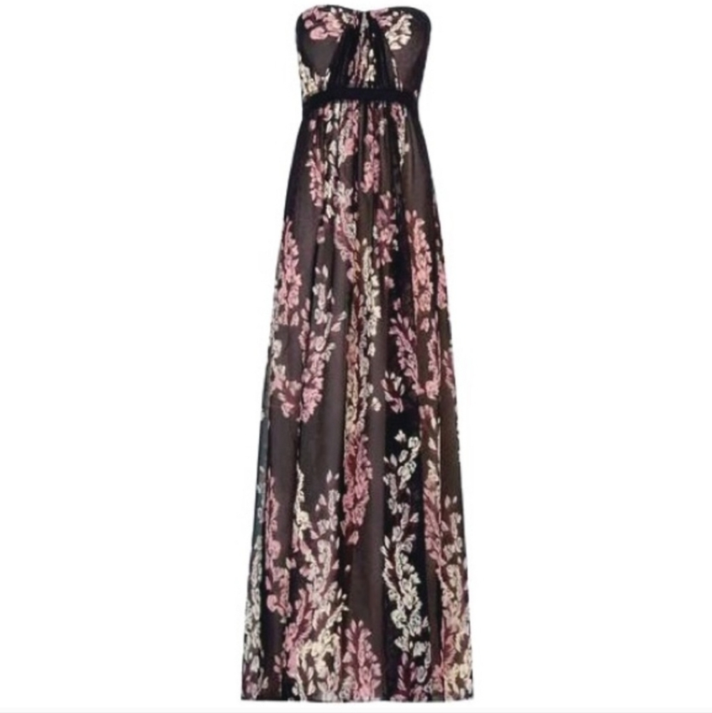 BCBGMAXAZRIA Amber Strapless Floral Print Sheer Contrast Gown | Size 2 - Picture 3 of 17